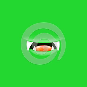 Vector Cartoon open mouth with fangs isolated on green background. Funny and cute green funny Halloween Monster open