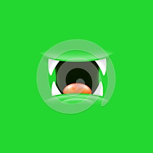 Vector Cartoon open mouth with fangs isolated on green background. Funny and cute green funny Halloween Monster open