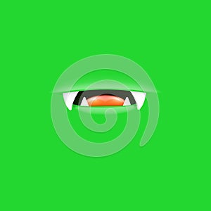 Vector Cartoon open mouth with fangs isolated on green background. Funny and cute green funny Halloween Monster open