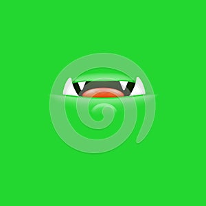 Vector Cartoon open mouth with fangs isolated on green background. Funny and cute green funny Halloween Monster open