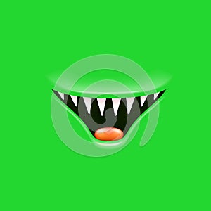 Vector Cartoon open mouth with fangs isolated on green background. Funny and cute green funny Halloween Monster open