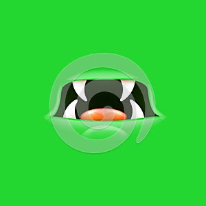 Vector Cartoon open mouth with fangs isolated on green background. Funny and cute green funny Halloween Monster open