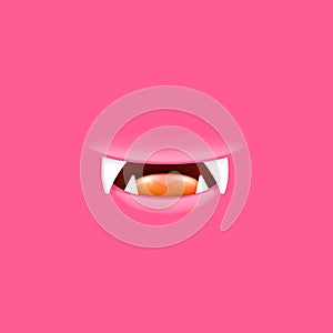 Vector Cartoon open mouth with fangs isolated on pink background. Funny and cute pink funny Halloween Monster open mouth