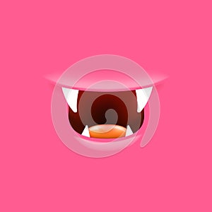 Vector Cartoon open mouth with fangs isolated on pink background. Funny and cute pink funny Halloween Monster open mouth