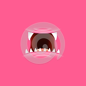 Vector Cartoon open mouth with fangs isolated on pink background. Funny and cute pink funny Halloween Monster open mouth