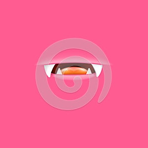 Vector Cartoon open mouth with fangs isolated on pink background. Funny and cute pink funny Halloween Monster open mouth