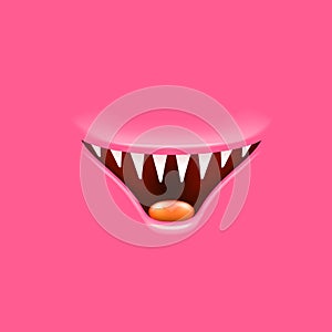 Vector Cartoon open mouth with fangs isolated on pink background. Funny and cute pink funny Halloween Monster open mouth