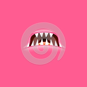 Vector Cartoon open mouth with fangs isolated on pink background. Funny and cute pink funny Halloween Monster open mouth