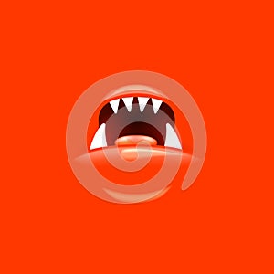 Vector Cartoon open mouth with fangs isolated on red background. Funny and cute red funny Halloween Monster open mouth