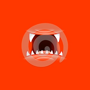Vector Cartoon open mouth with fangs isolated on red background. Funny and cute red funny Halloween Monster open mouth