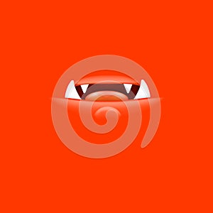 Vector Cartoon open mouth with fangs isolated on red background. Funny and cute red funny Halloween Monster open mouth