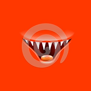 Vector Cartoon open mouth with fangs isolated on red background. Funny and cute red funny Halloween Monster open mouth