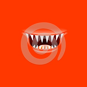 Vector Cartoon open mouth with fangs isolated on red background. Funny and cute red funny Halloween Monster open mouth