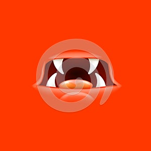 Vector Cartoon open mouth with fangs isolated on red background. Funny and cute red funny Halloween Monster open mouth