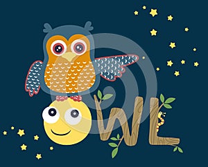 Vector cartoon of owl perch on smiling moon at night