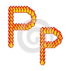 Vector cartoon of `P` alphabet letter in the shape of hot fire