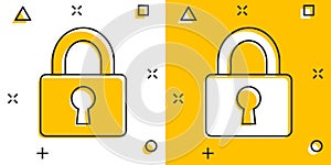 Vector cartoon padlock icon in comic style. Lock, unlock security concept illustration pictogram. Padlock business splash effect