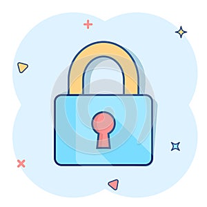 Vector cartoon padlock icon in comic style. Lock, unlock security concept illustration pictogram. Padlock business splash effect