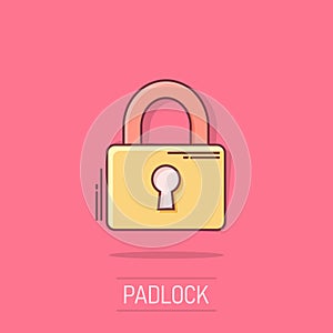 Vector cartoon padlock icon in comic style. Lock, unlock security concept illustration pictogram. Padlock business splash effect