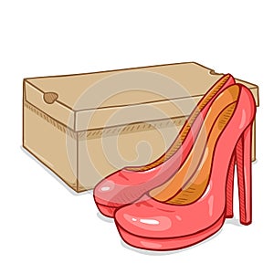 Vector Cartoon Pair of Pink Women Shoes with Shoebox photo