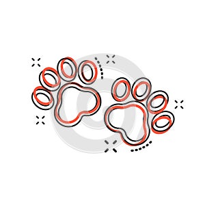 Vector cartoon paw print icon in comic style. Dog or cat pawprint sign illustration pictogram. Animal business splash effect