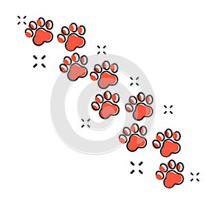 Vector cartoon paw print icon in comic style. Dog or cat pawprint sign illustration pictogram. Animal business splash effect