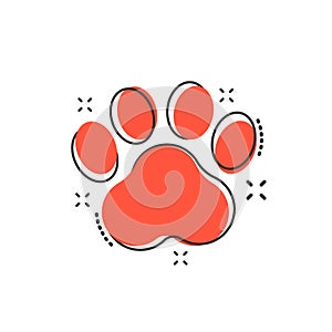 Vector cartoon paw print icon in comic style. Dog or cat pawprint sign illustration pictogram. Animal business splash effect