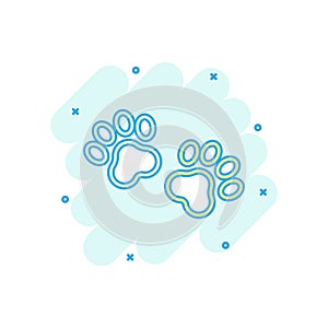 Vector cartoon paw print icon in comic style. Dog or cat pawprint sign illustration pictogram. Animal business splash effect