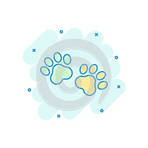 Vector cartoon paw print icon in comic style. Dog or cat pawprint sign illustration pictogram. Animal business splash effect