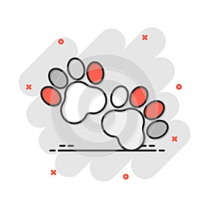 Vector cartoon paw print icon in comic style. Dog or cat pawprint sign illustration pictogram. Animal business splash effect