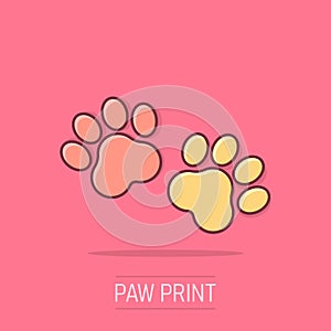 Vector cartoon paw print icon in comic style. Dog or cat pawprint sign illustration pictogram. Animal business splash effect