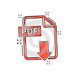 Vector cartoon PDF download icon in comic style. PDF format sign