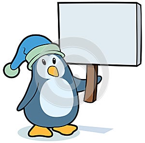 Vector cartoon penguin holding a sign