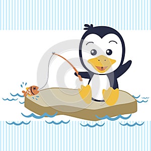 Cartoon of penguin`s fishing time