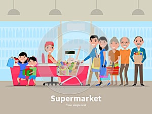Vector cartoon people doing shopping supermarket