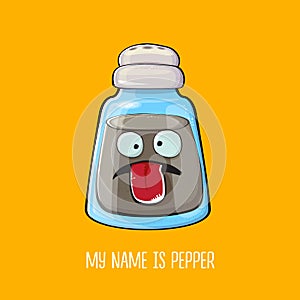 Vector cartoon pepper shaker with smiling faces isolated on orange background. Funky Kawaii pepper character. My name is