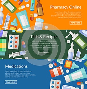 Vector cartoon pharmacy or medicines horizontal banner templates