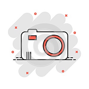 Vector cartoon photo camera icon in comic style. Photographer cam sign illustration pictogram. Camera business splash effect photo