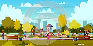 Vector cartoon playground in park with people