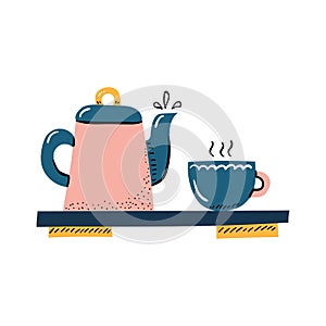 Vector cartoon porcelain teapot with cup