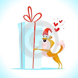 Vector cartoon portrait of funny smiling dog in santa hat with big gift box