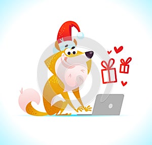 Vector cartoon portrait of funny smiling dog in santa hat with laptop isolated on white background.