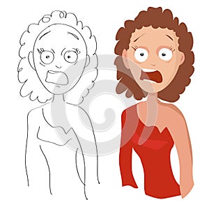 Vector cartoon portrait of a woman screaming in fright on a white background