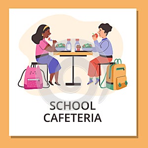 Vector cartoon poster with cute boy and girl are sitting at the table eating salad, cake and milk in orange frame