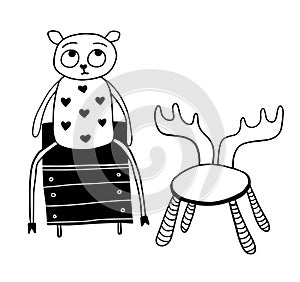 Vector cartoon pretty sheep toy on the bedside table and elk-chair