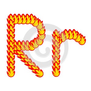 Vector cartoon of `R` alphabet letter in the shape of hot fire