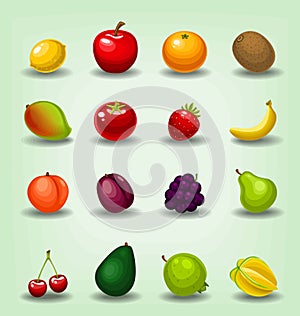 Vector cartoon realistic fruit template collection including lemon apple orange kiwi mango strawberry banana starfruit