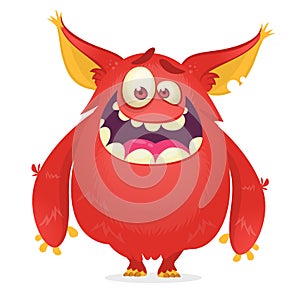 Vector cartoon of a red fat and fluffy Halloween monster with big ears. Funny troll or gremlin character.