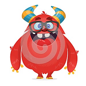 Vector cartoon of a red fat and fluffy Halloween monster with big ears wearing glasses.