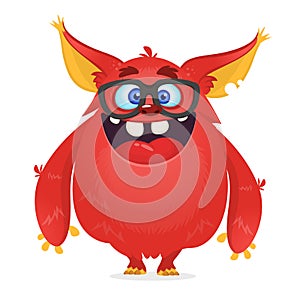 Vector cartoon of a red fat and fluffy Halloween monster with big ears wearing glasses
